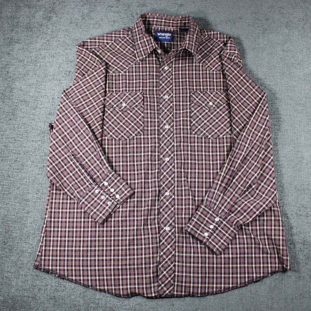 Wrangler Western Shirt Mens XL Maroon Plaid Pearl Snap Long Sleeve Button Down